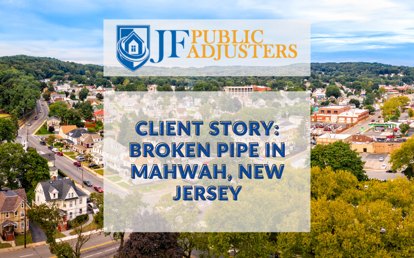JF Public Adjusters New Jersey assist Mahwah homeowner with water damage due to a broken pipe